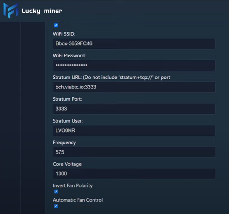 Set LV06 miner parameters