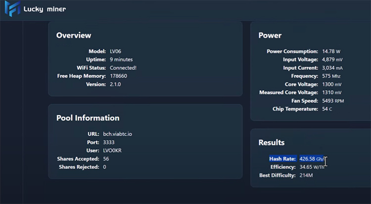 Lucky Miner LV06 operating parameters