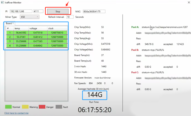 Iceriver miner monitoring information