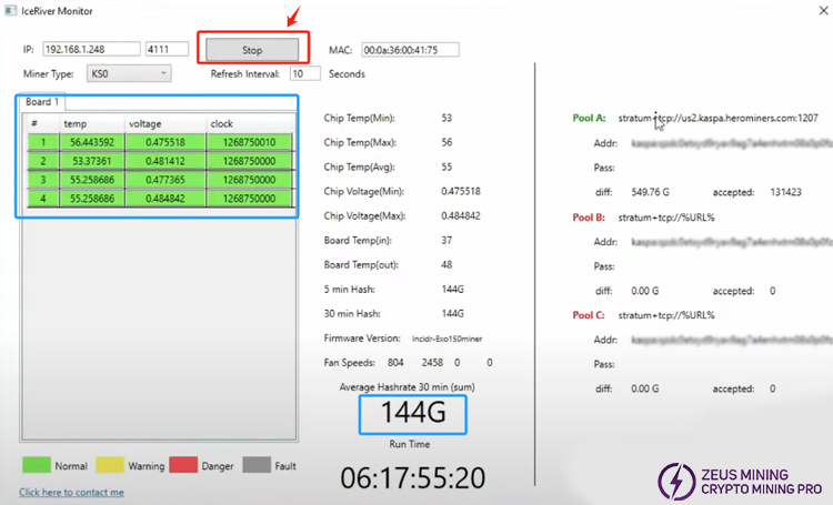 Iceriver miner monitoring information